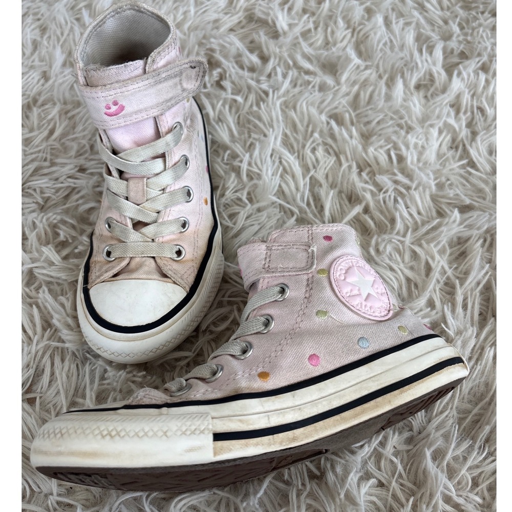 Kids‎ Converse All Star High Top Pink Polka Dot Velcro Sneakers Size Toddler 12